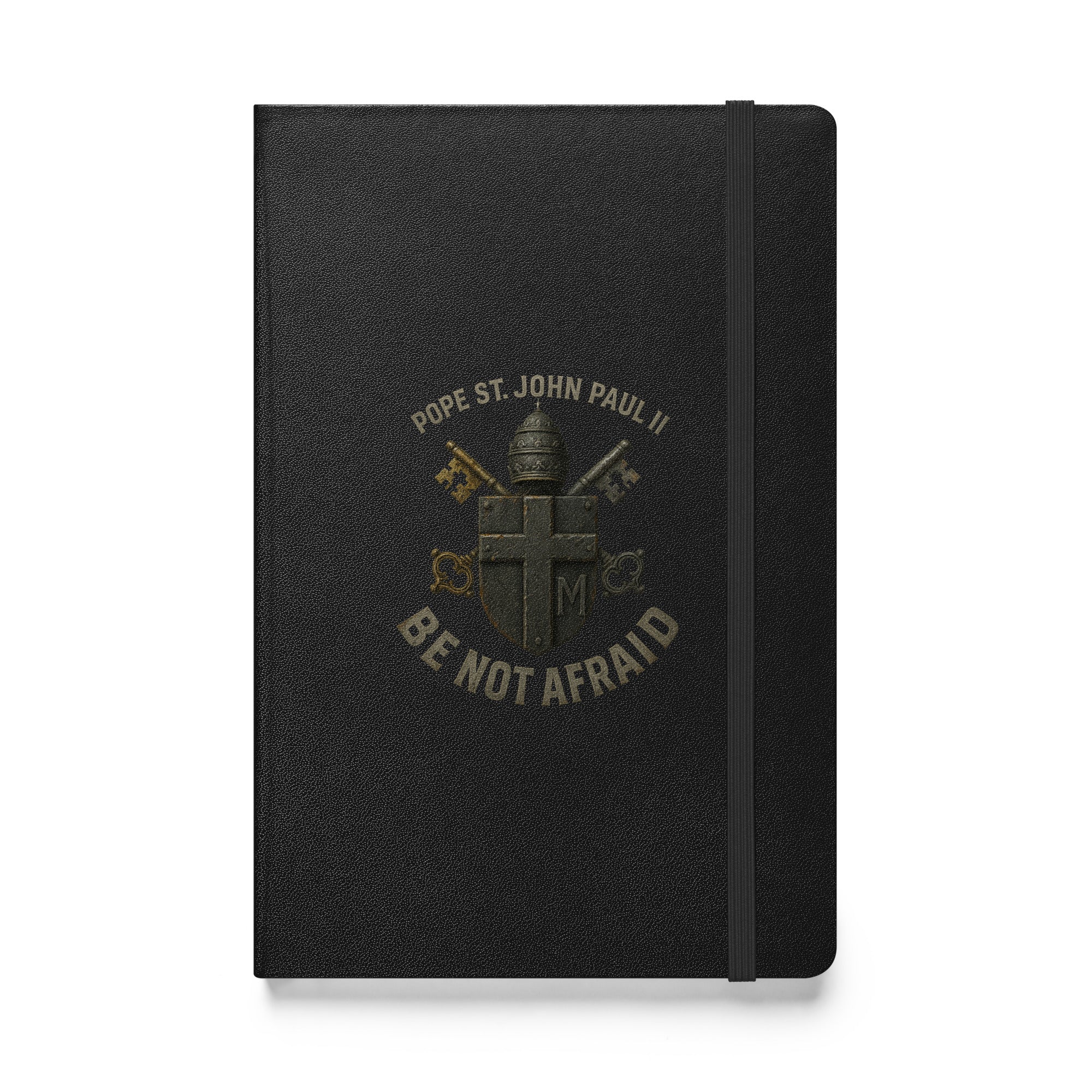 Hardcover bound black prayer journal featuring Pope St. John Paul II papal crest and “Be Not Afraid” text.
