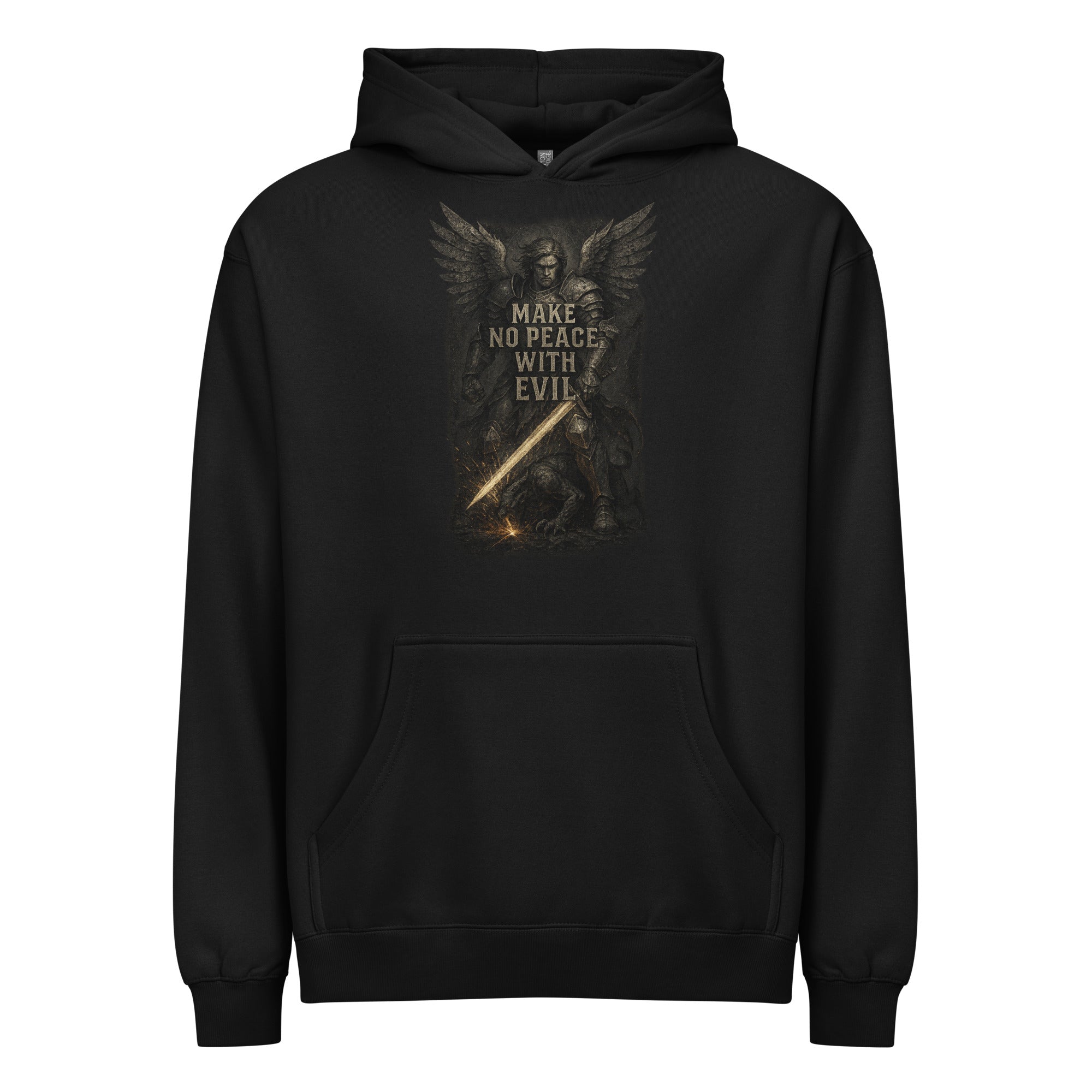 Black men’s box hoodie with bold “Make No Peace with Evil” design featuring St. Michael the Archangel with a sword.