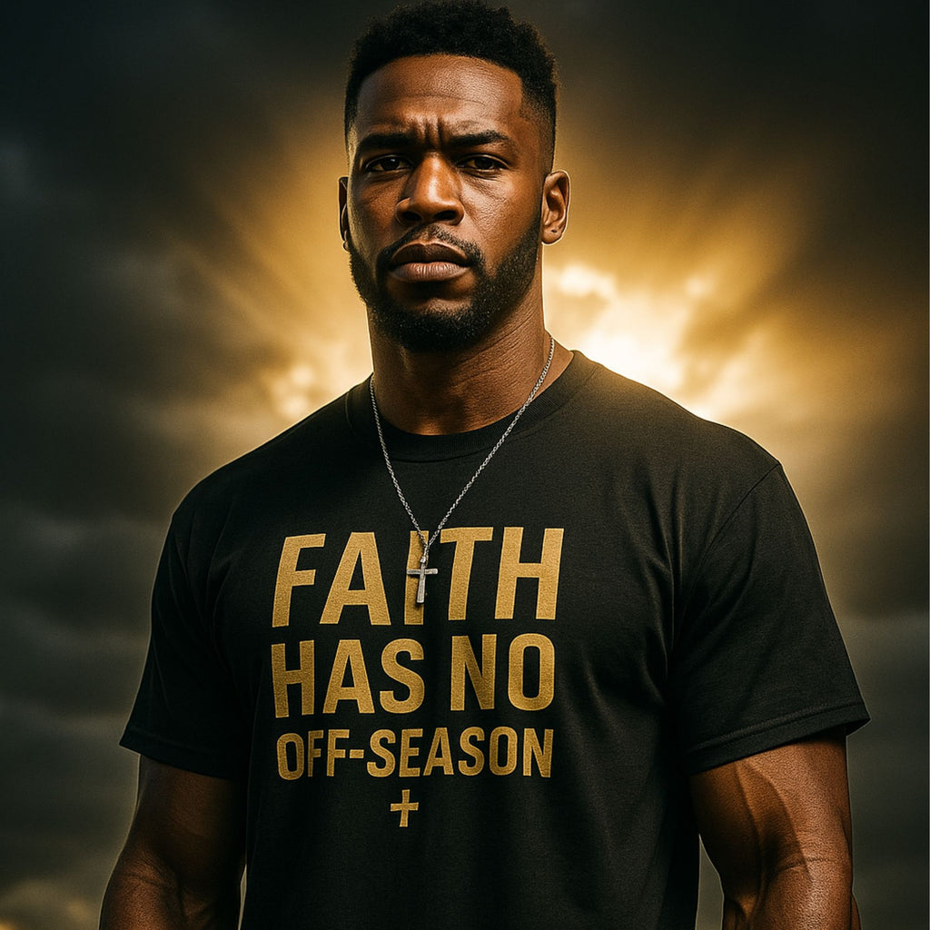 Man wearing a black t-shirt with 'Faith Has No Off-Season' text against a dramatic sky background