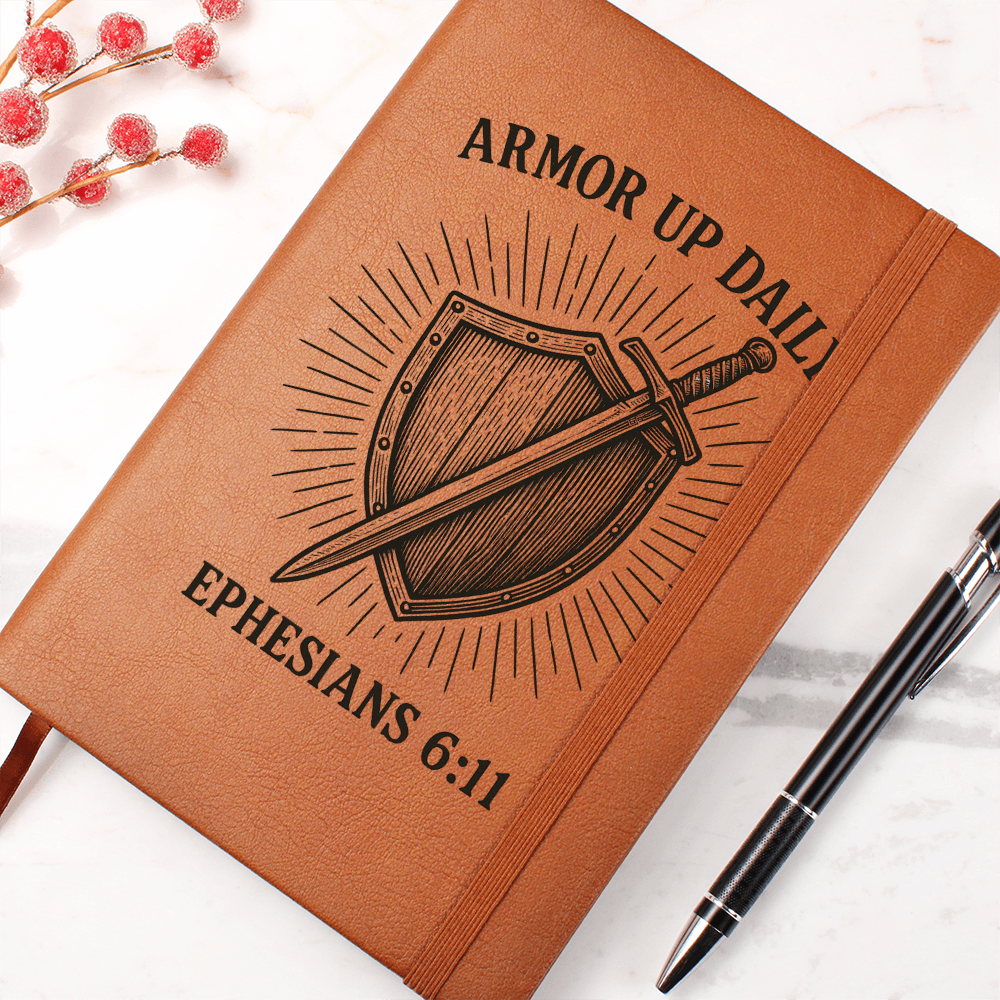 Brown leather prayer journal engraved with a shield and sword design and the words “Armor Up Daily – Ephesians 6:11.”