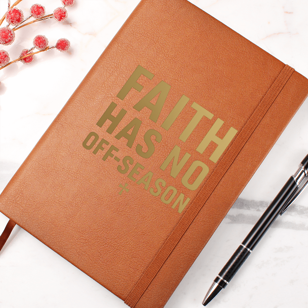 Faith Has No Off-Season Prayer Journal with brown vegan leather cover, gold embossed text, elastic closure band, and ribbon bookmark – A5 size Christian notebook for prayer and devotion.