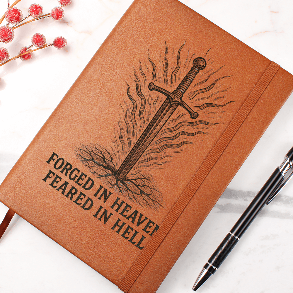 Brown leather engraved prayer journal with sword and “Forged in Heaven, Feared in Hell” design — Christian warrior notebook for men of faith.