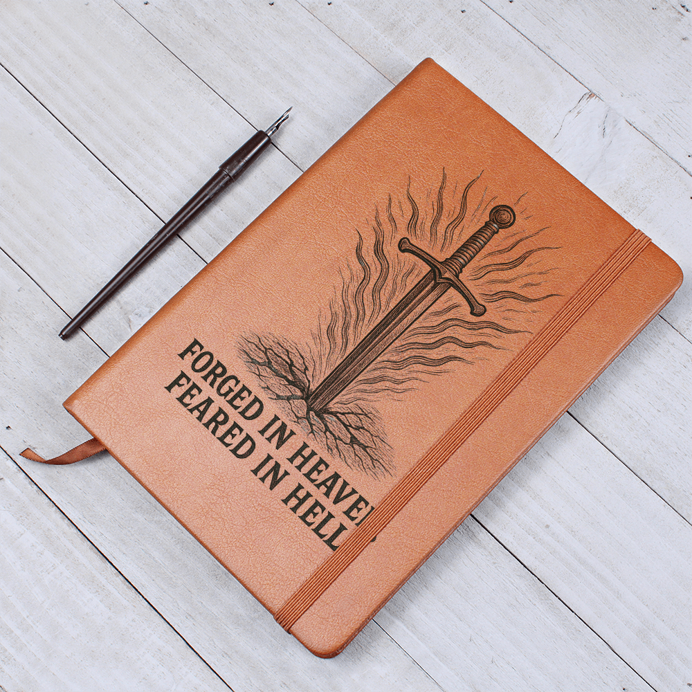 Brown leather engraved prayer journal with sword and “Forged in Heaven, Feared in Hell” design — Christian warrior notebook for men of faith.