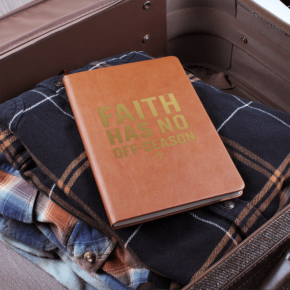 Faith Has No Off-Season Prayer Journal with brown vegan leather cover, gold embossed text, elastic closure band, and ribbon bookmark – A5 size Christian notebook for prayer and devotion.