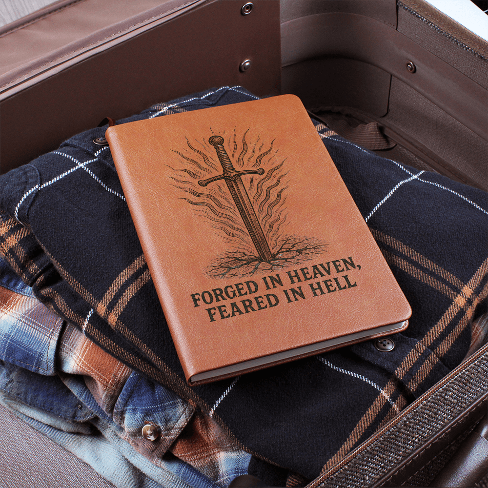 Brown leather engraved prayer journal with sword and “Forged in Heaven, Feared in Hell” design — Christian warrior notebook for men of faith.