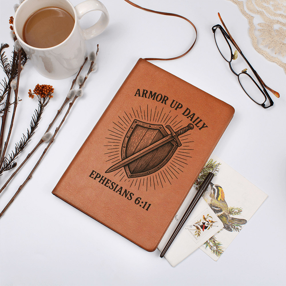 Brown leather prayer journal engraved with a shield and sword design and the words “Armor Up Daily – Ephesians 6:11.”