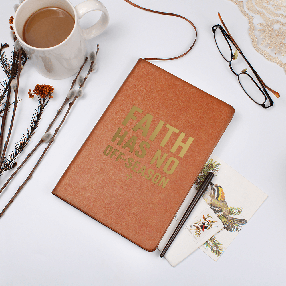 Faith Has No Off-Season Prayer Journal with brown vegan leather cover, gold embossed text, elastic closure band, and ribbon bookmark – A5 size Christian notebook for prayer and devotion.