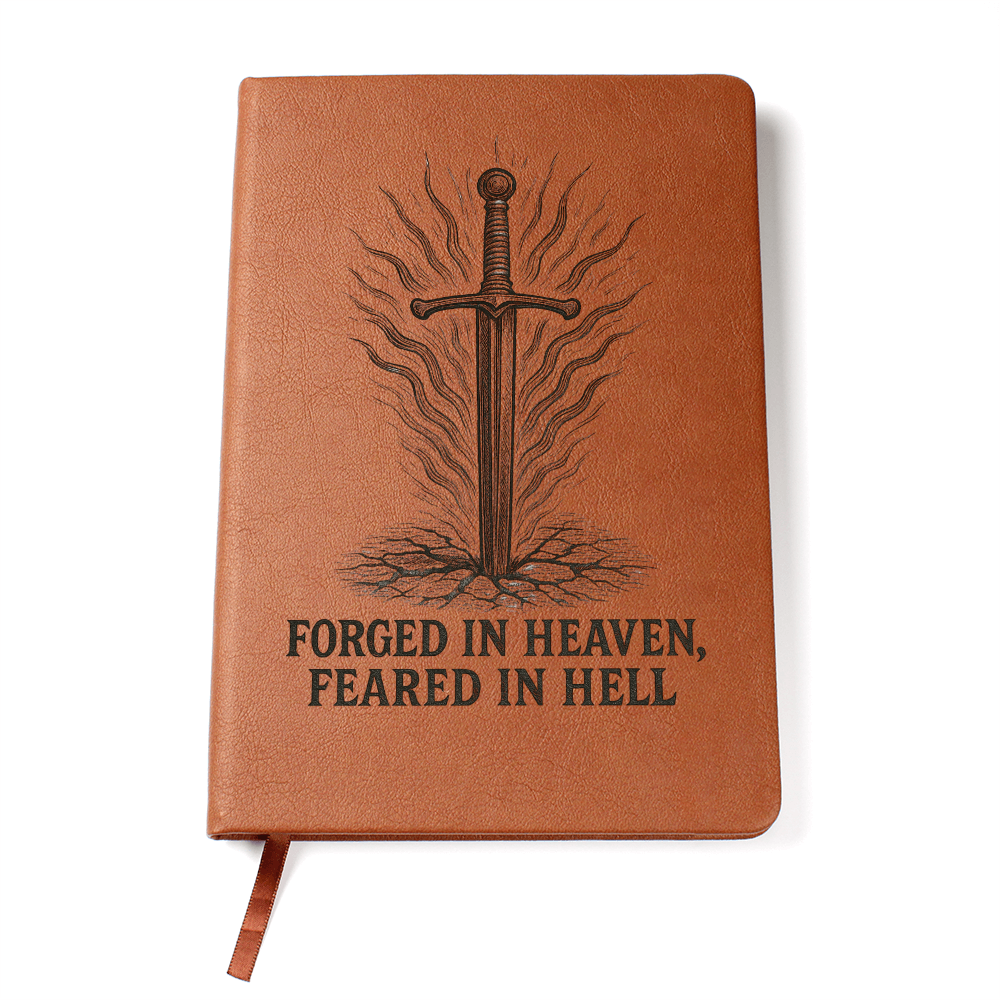 Brown leather engraved prayer journal with sword and “Forged in Heaven, Feared in Hell” design — Christian warrior notebook for men of faith.