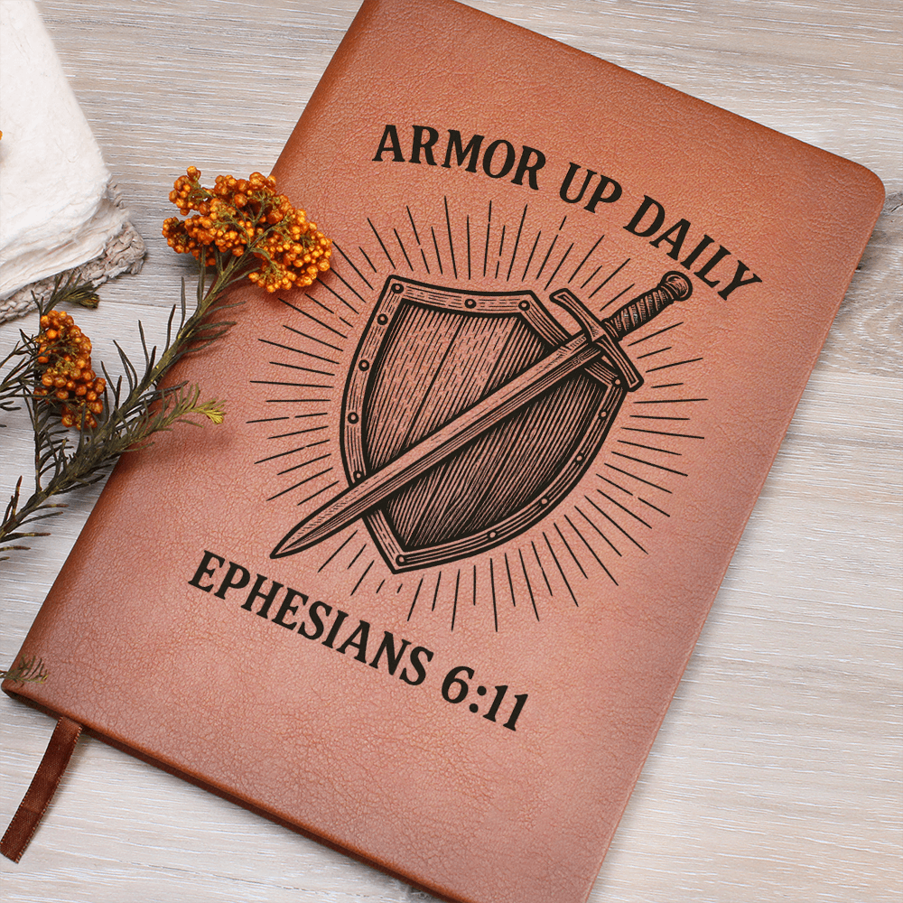 Brown leather prayer journal engraved with a shield and sword design and the words “Armor Up Daily – Ephesians 6:11.”