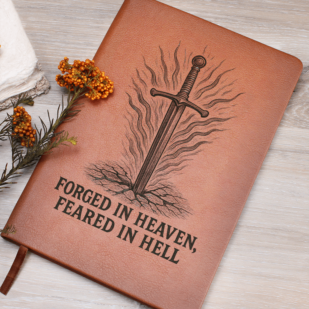 Brown leather engraved prayer journal with sword and “Forged in Heaven, Feared in Hell” design — Christian warrior notebook for men of faith.