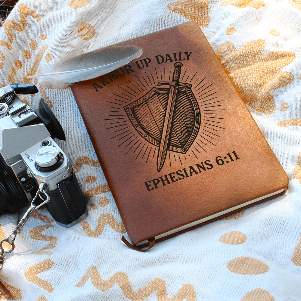 Brown leather prayer journal engraved with a shield and sword design and the words “Armor Up Daily – Ephesians 6:11.”