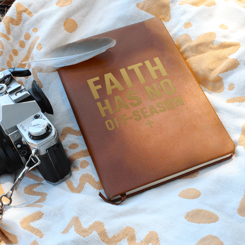 Faith Has No Off-Season Prayer Journal with brown vegan leather cover, gold embossed text, elastic closure band, and ribbon bookmark – A5 size Christian notebook for prayer and devotion.