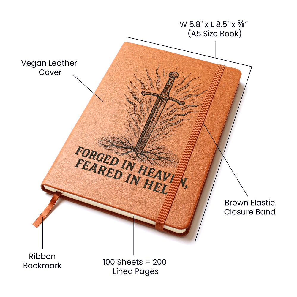 Brown leather engraved prayer journal with sword and “Forged in Heaven, Feared in Hell” design — Christian warrior notebook for men of faith.