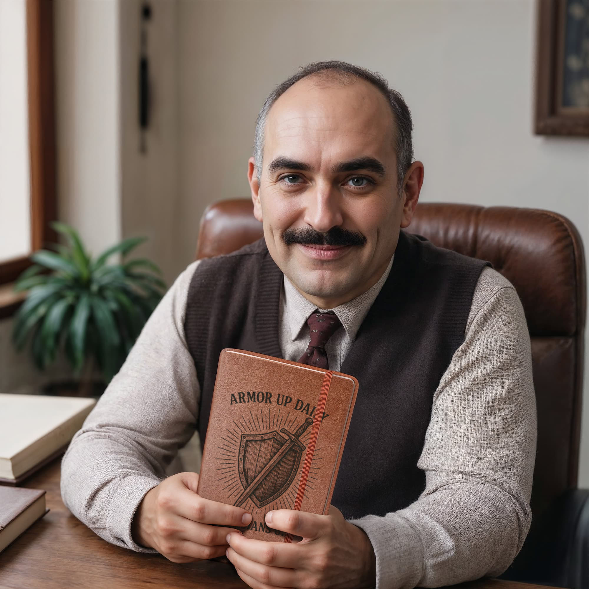Brown leather prayer journal engraved with a shield and sword design and the words “Armor Up Daily – Ephesians 6:11.”