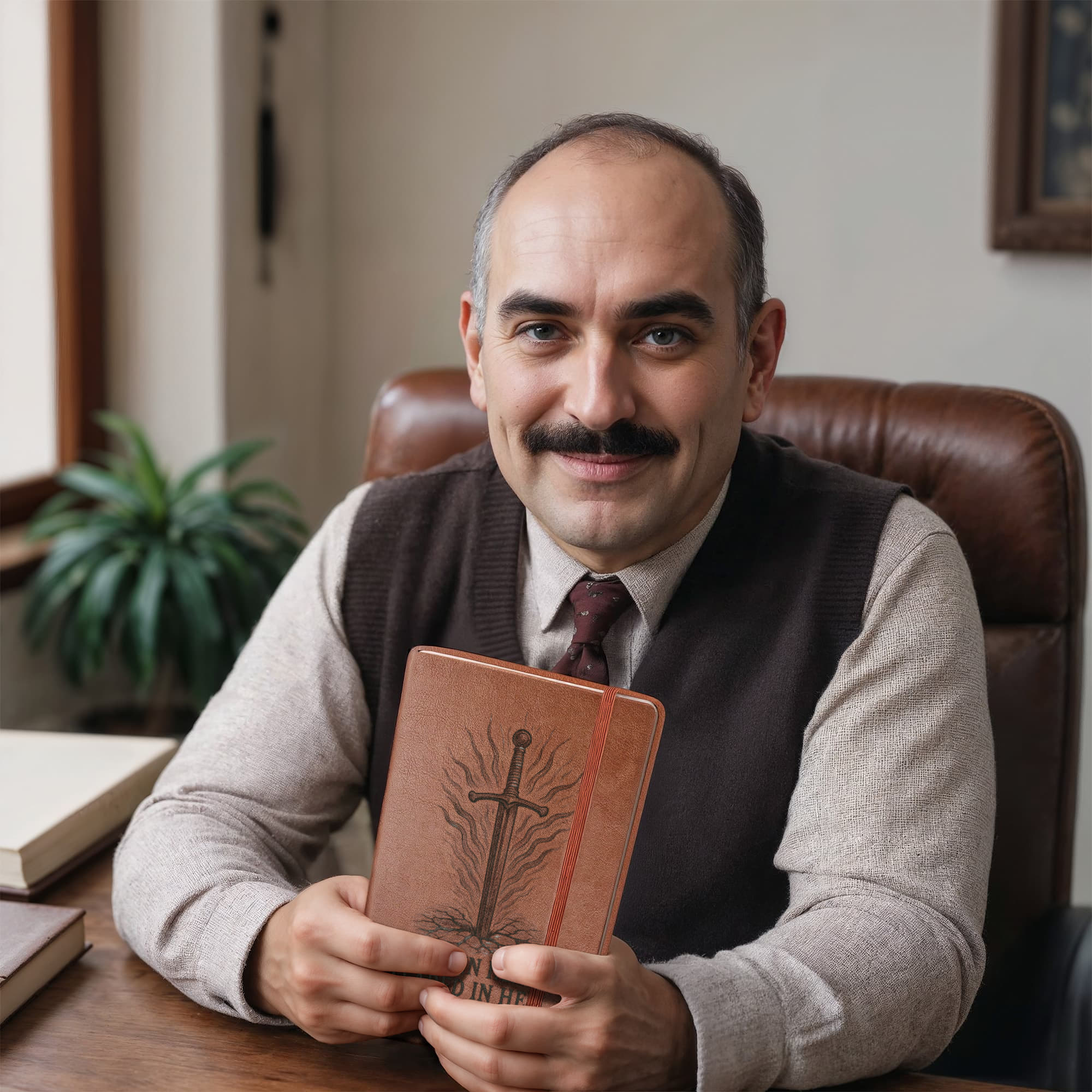 Brown leather engraved prayer journal with sword and “Forged in Heaven, Feared in Hell” design — Christian warrior notebook for men of faith.