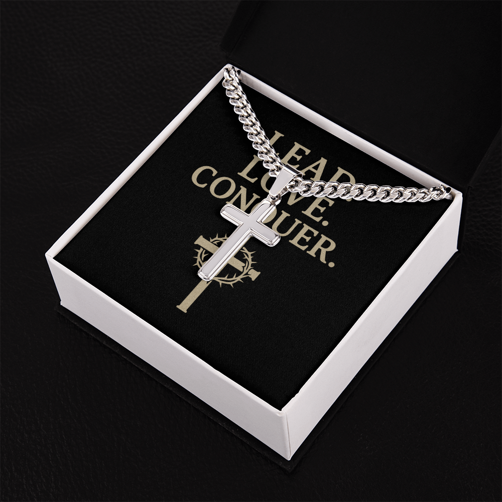 Silver Cuban link chain with engraved cross presented in black gift box