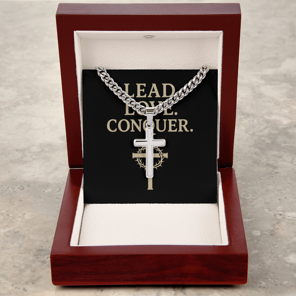 Silver Cuban link chain with engraved cross presented in a gift box

