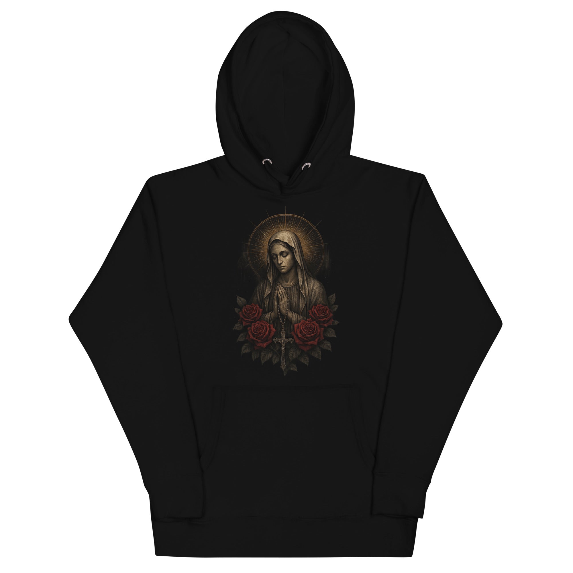 Men’s premium black hoodie with Our Lady of Sorrows illustration, surrounded by roses and a rosary.