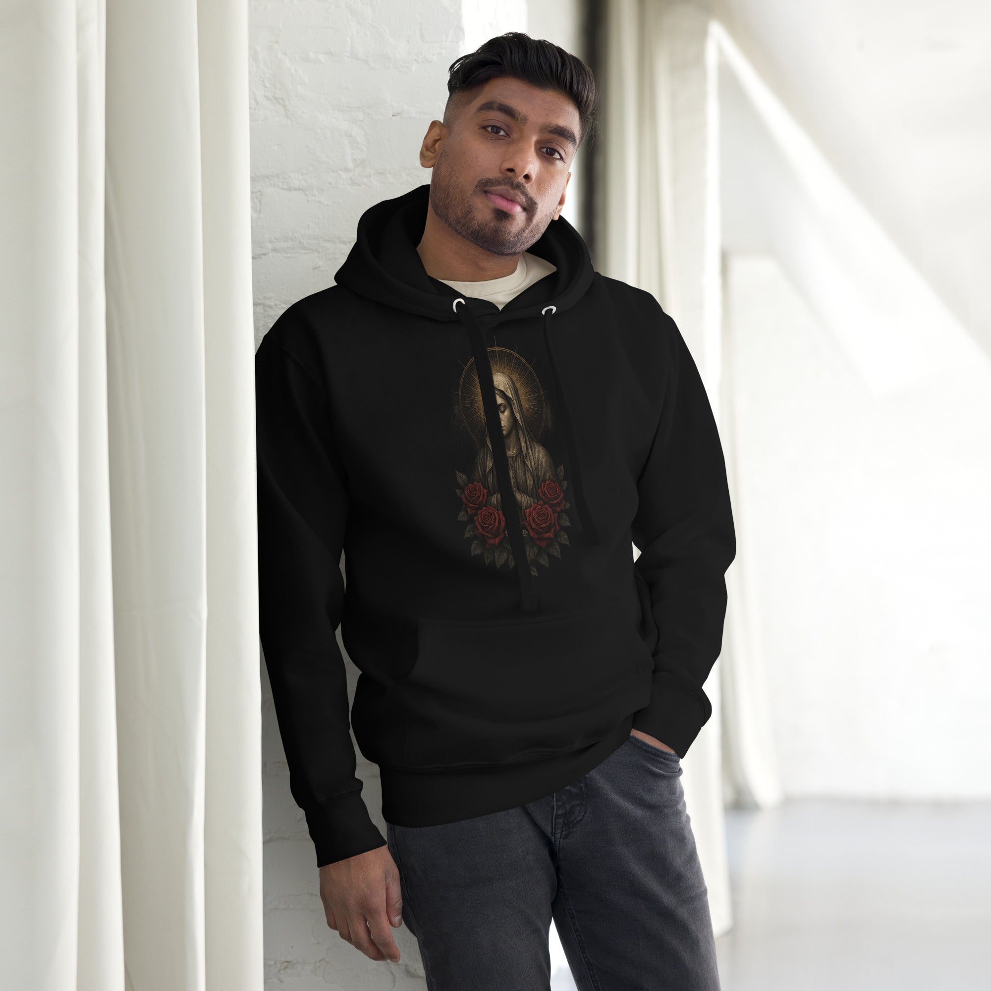 Men’s premium black hoodie with Our Lady of Sorrows illustration, surrounded by roses and a rosary.