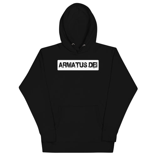 Black Armatus Dei Logo Hoodie with bold distressed white text
