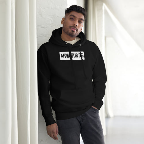 Black Armatus Dei Logo Hoodie with bold distressed white text