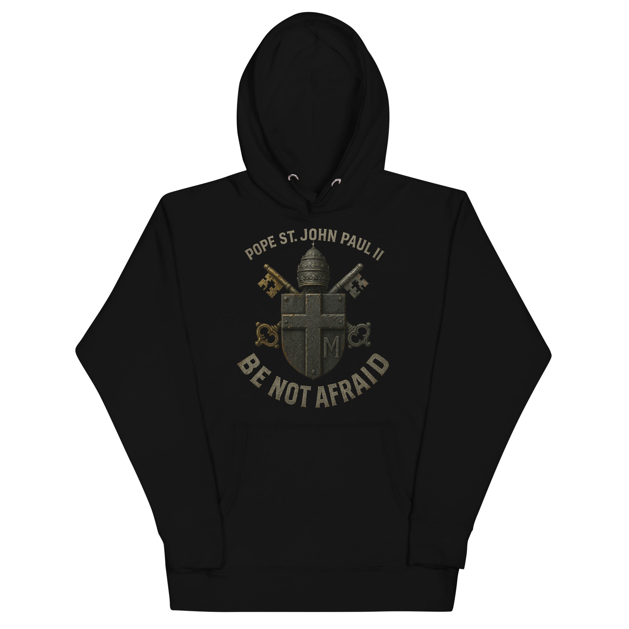 Black hoodie with Pope St. John Paul II coat of arms and "Be Not Afraid" text by Armatus Dei.