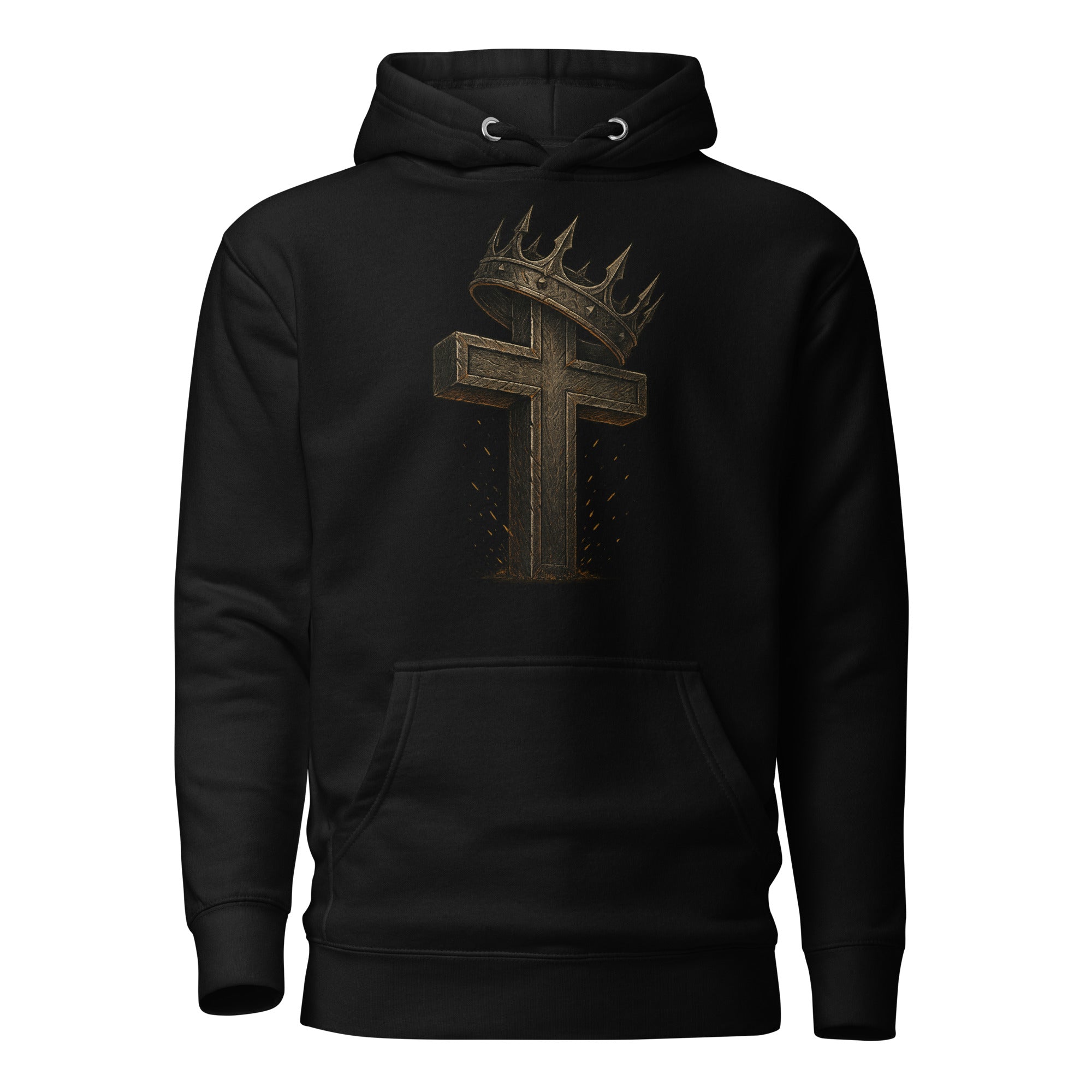 Black Catholic hoodie with a rugged cross and crown of thorns design, symbolizing Christ’s sacrifice and victory over sin.