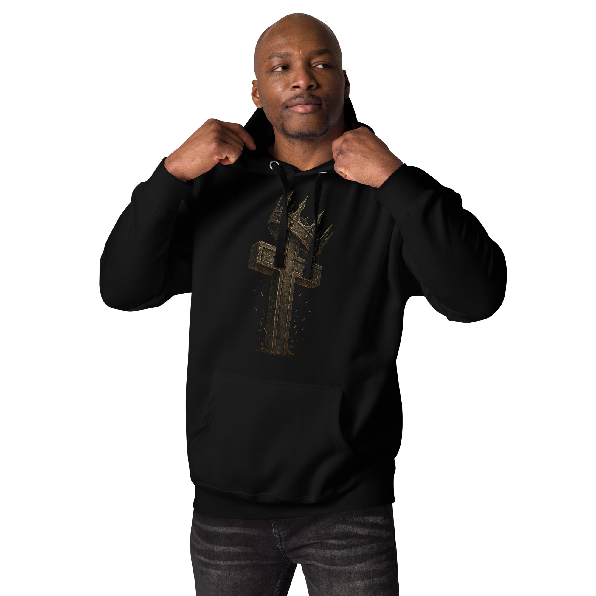 Black Catholic hoodie with a rugged cross and crown of thorns design, symbolizing Christ’s sacrifice and victory over sin.