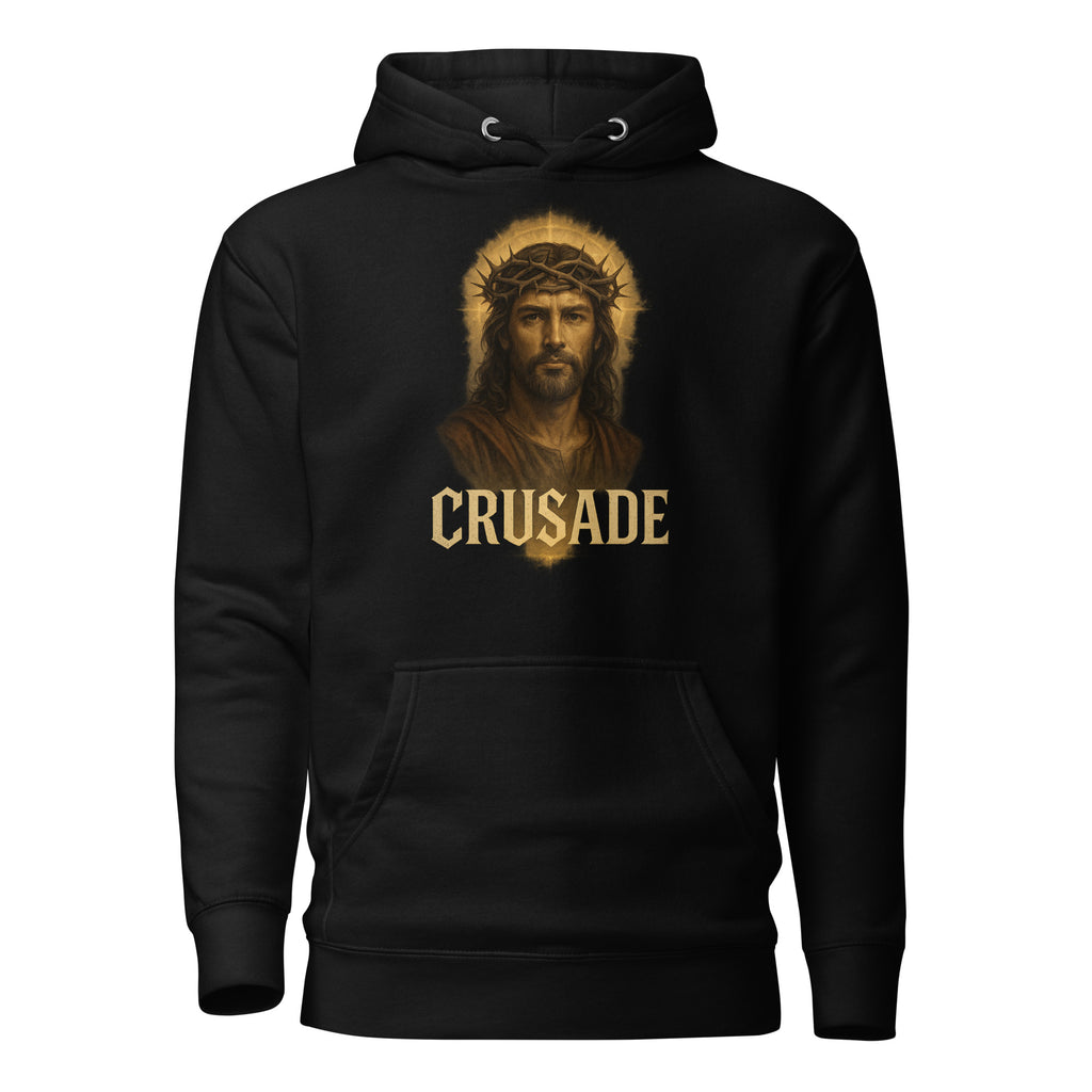 Black Crusade Hoodie featuring Jesus Christ crowned with thorns and the word Crusade in gold text, men’s premium Cotton Heritage hoodie.