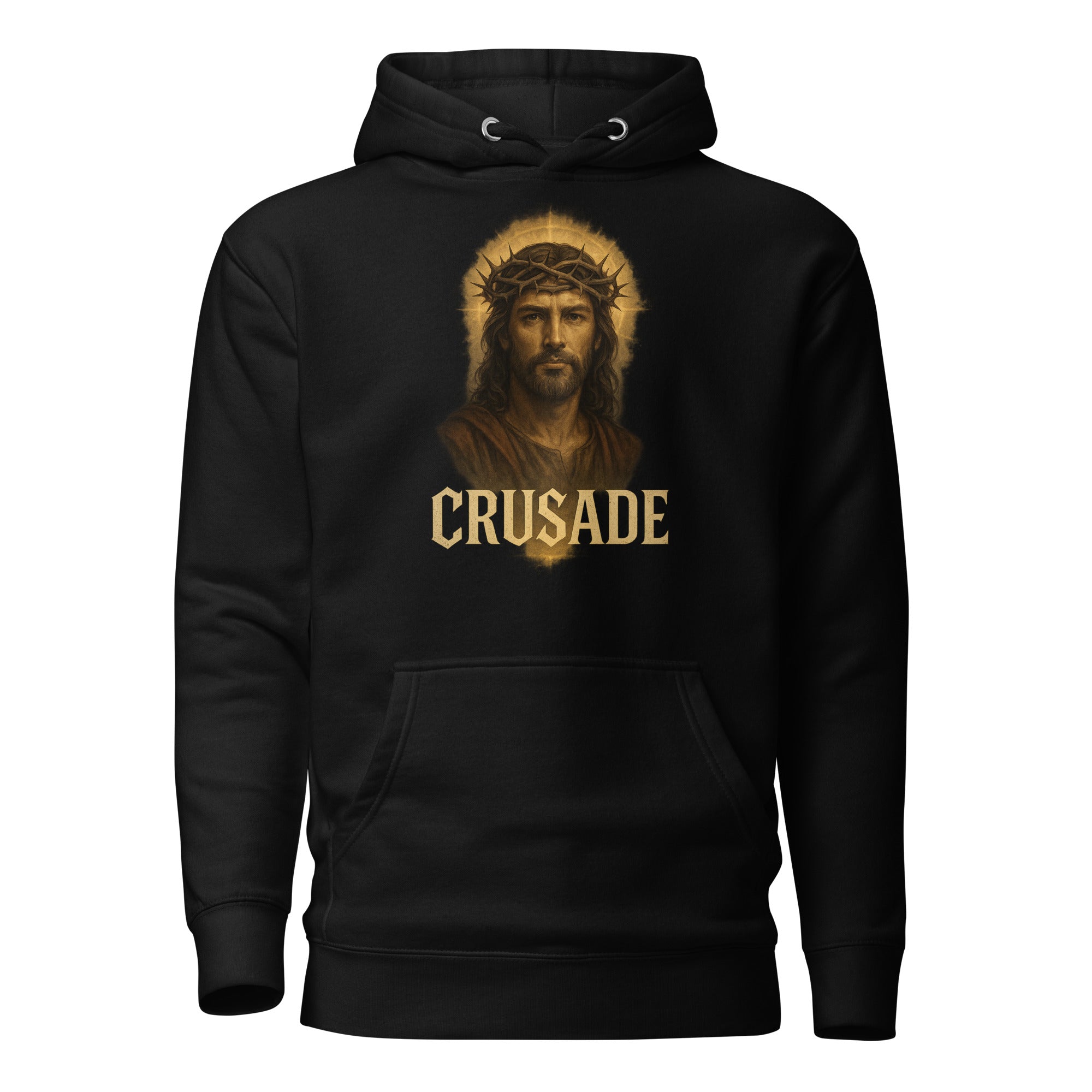 Black Crusade Hoodie featuring Jesus Christ crowned with thorns and the word Crusade in gold text, men’s premium Cotton Heritage hoodie.