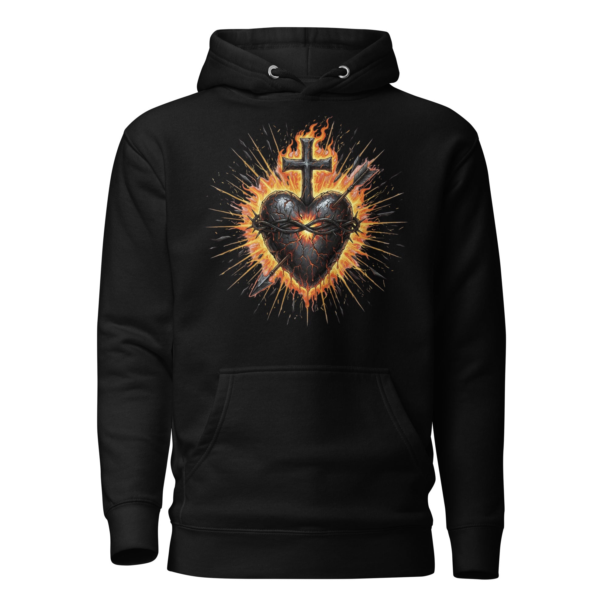“Black Christian hoodie with flaming Sacred Heart of Jesus design”