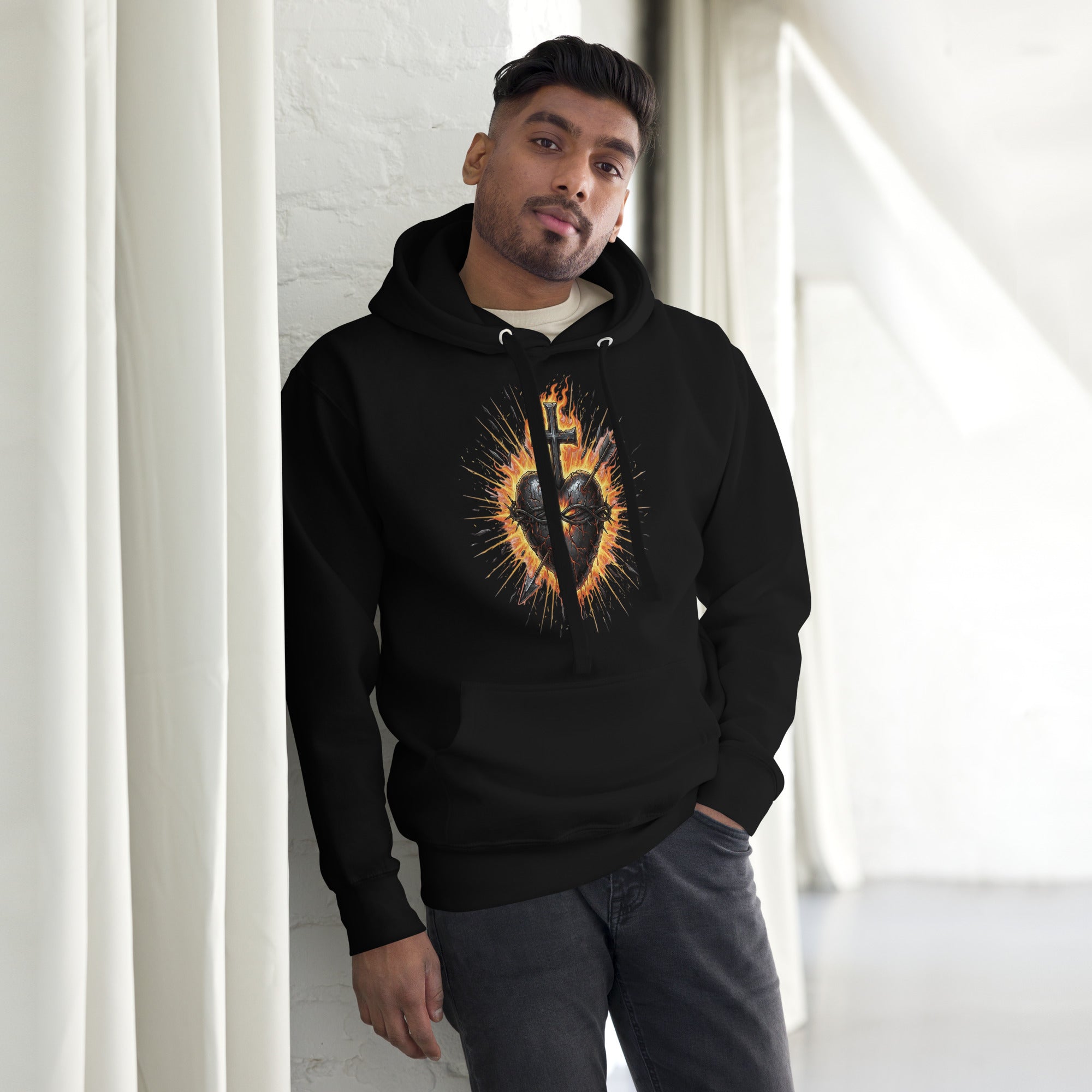 “Black Christian hoodie with flaming Sacred Heart of Jesus design”