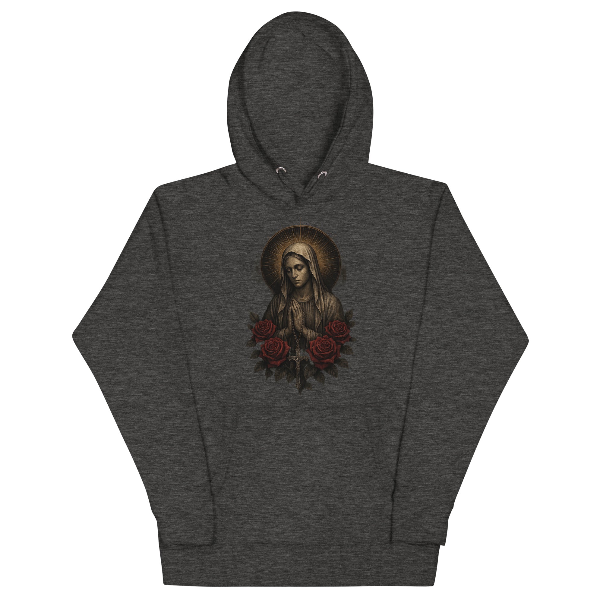 Men’s premium charcoal hoodie with Our Lady of Sorrows illustration, surrounded by roses and a rosary.