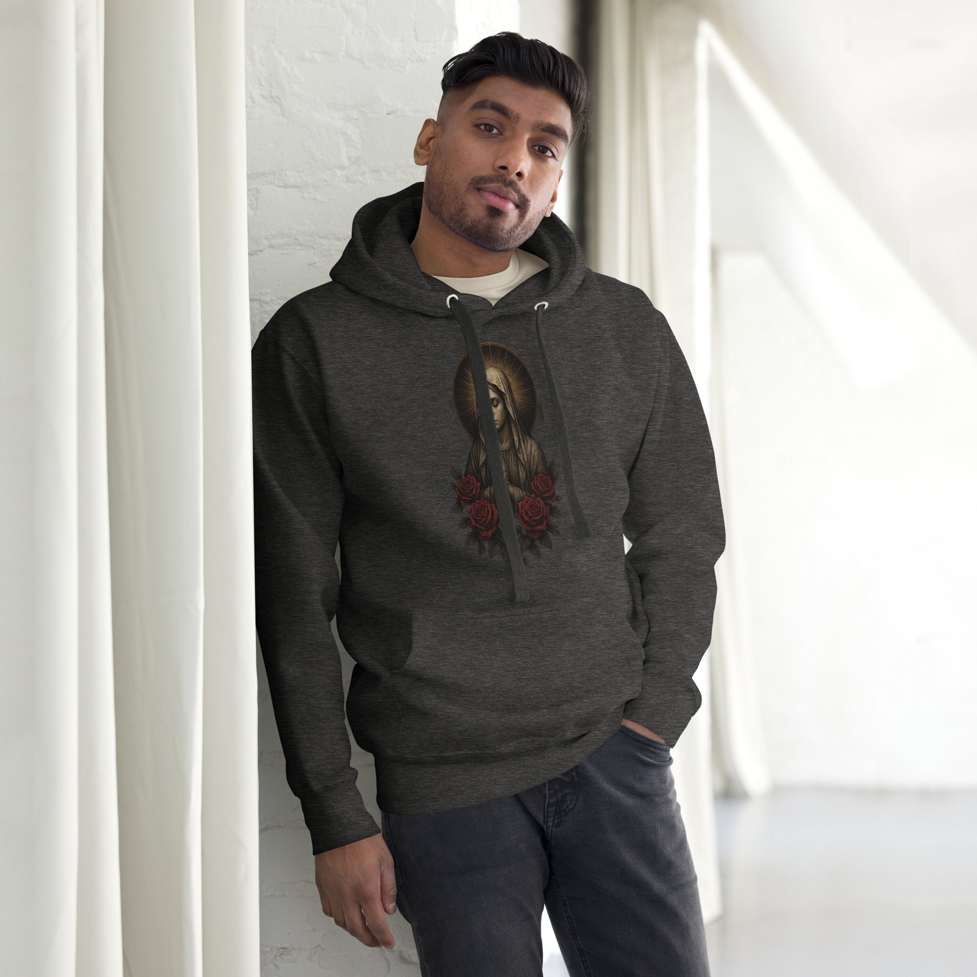 Men’s premium charcoal hoodie with Our Lady of Sorrows illustration, surrounded by roses and a rosary.