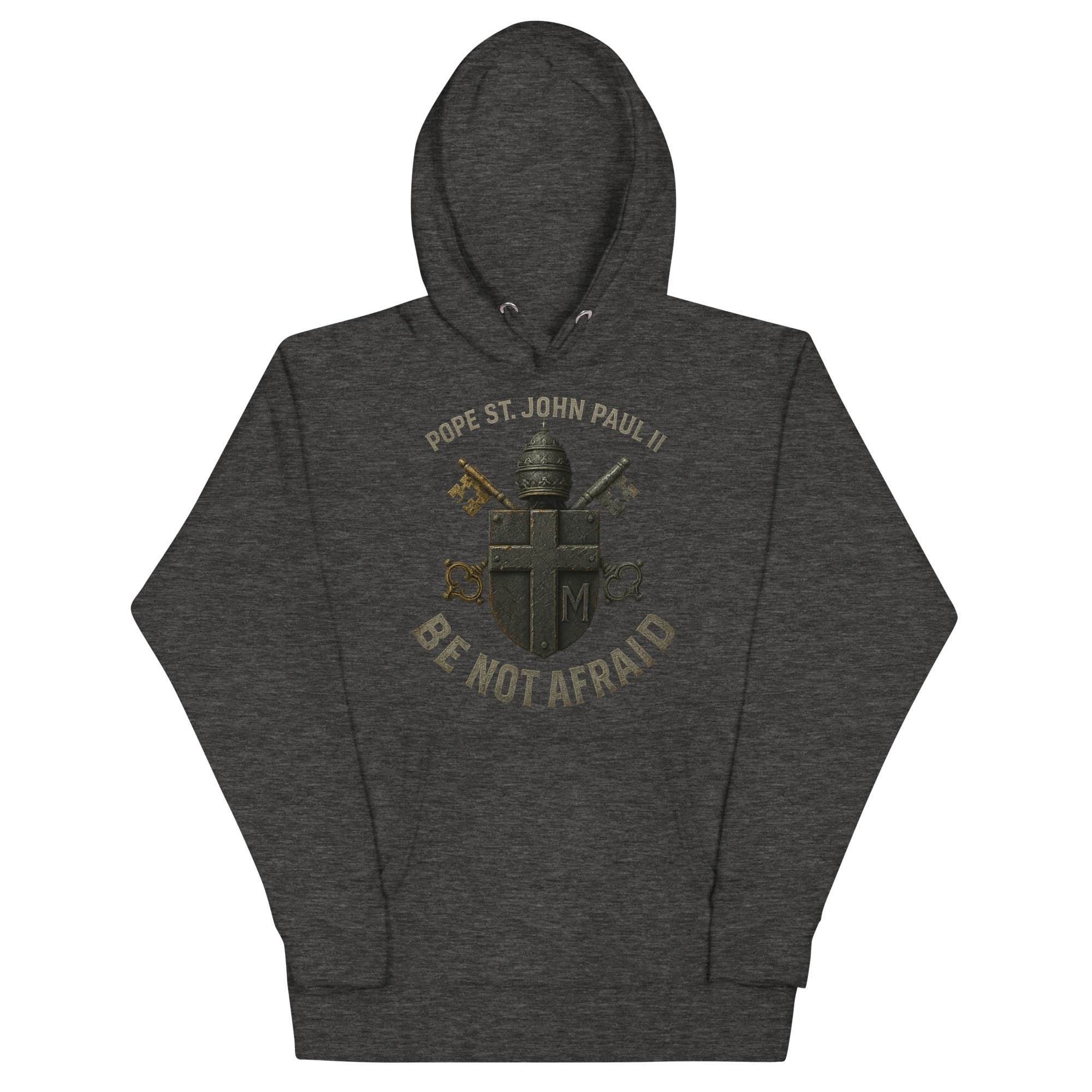 Charcoal hoodie with Pope St. John Paul II coat of arms and "Be Not Afraid" text by Armatus Dei.