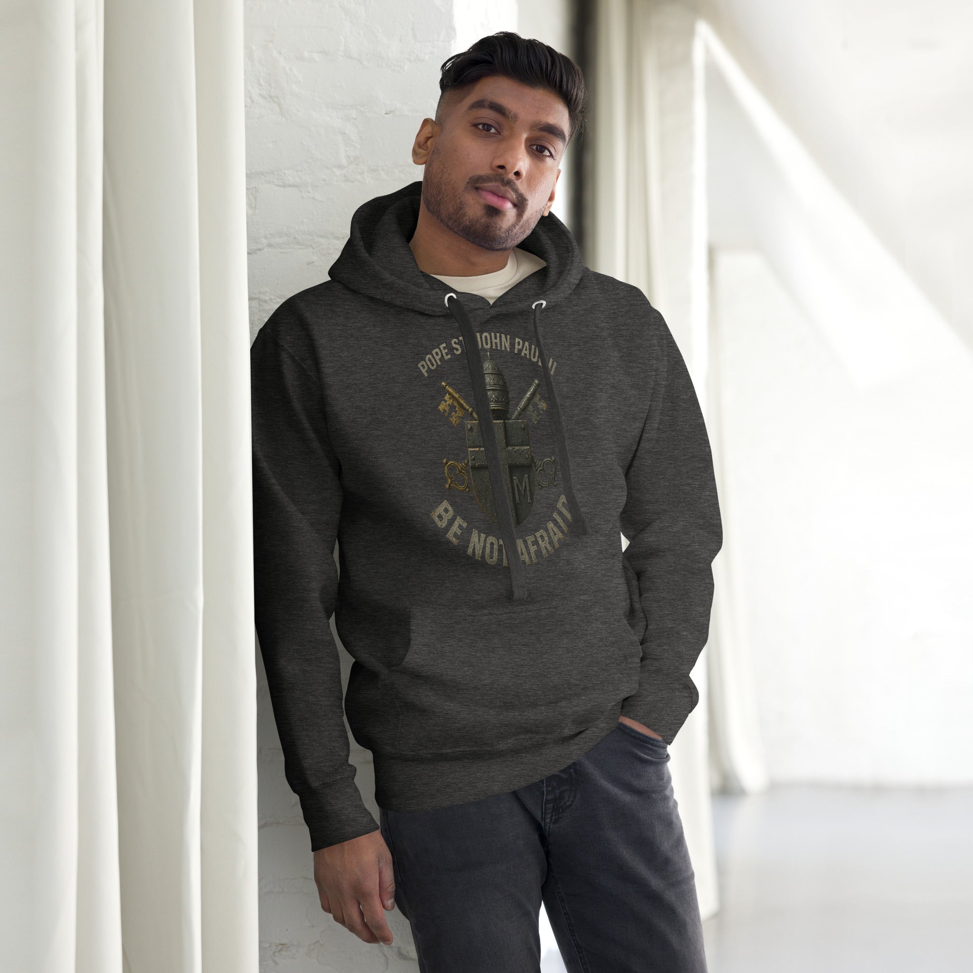 Charcoal hoodie with Pope St. John Paul II coat of arms and "Be Not Afraid" text by Armatus Dei.