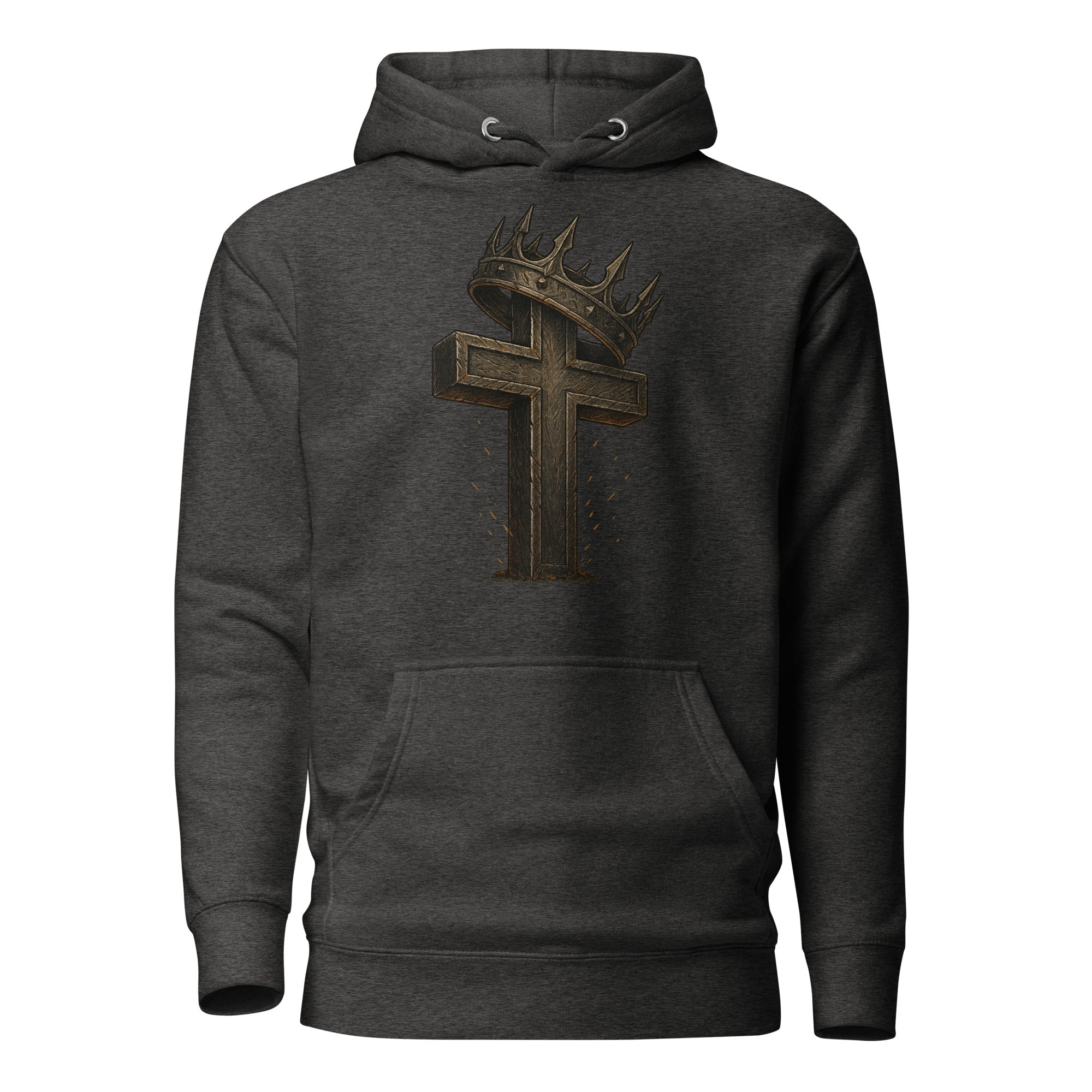 Charcoal Catholic hoodie with a rugged cross and crown of thorns design, symbolizing Christ’s sacrifice and victory over sin.