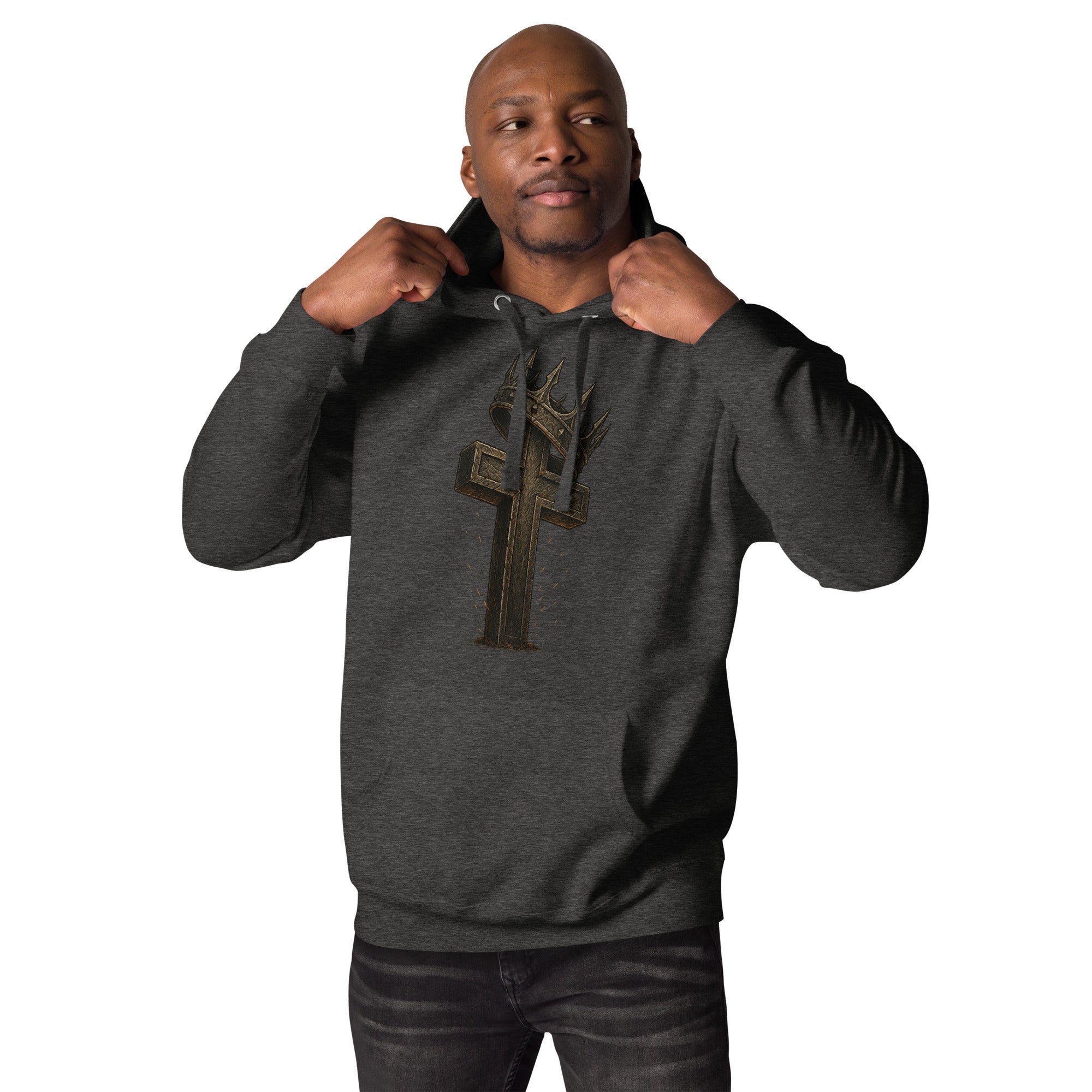Charcoal Catholic hoodie with a rugged cross and crown of thorns design, symbolizing Christ’s sacrifice and victory over sin.