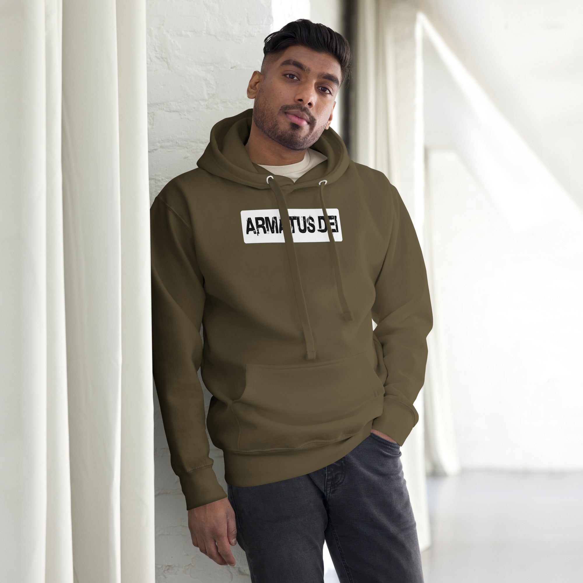 green Armatus Dei Logo Hoodie with bold distressed white text