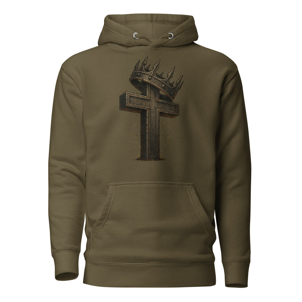 Military green Catholic hoodie with a rugged cross and crown of thorns design, symbolizing Christ’s sacrifice and victory over sin.