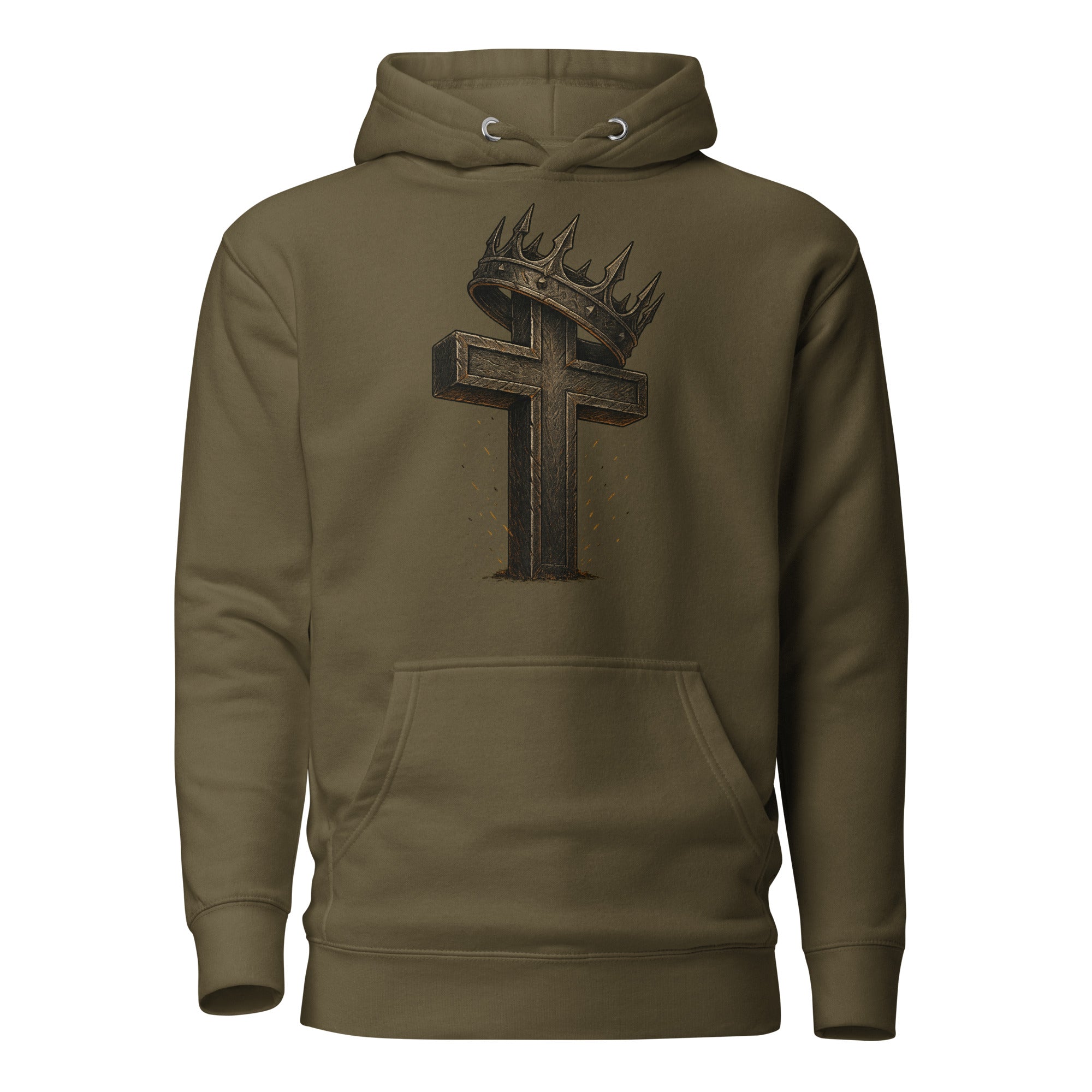 Military green Catholic hoodie with a rugged cross and crown of thorns design, symbolizing Christ’s sacrifice and victory over sin.