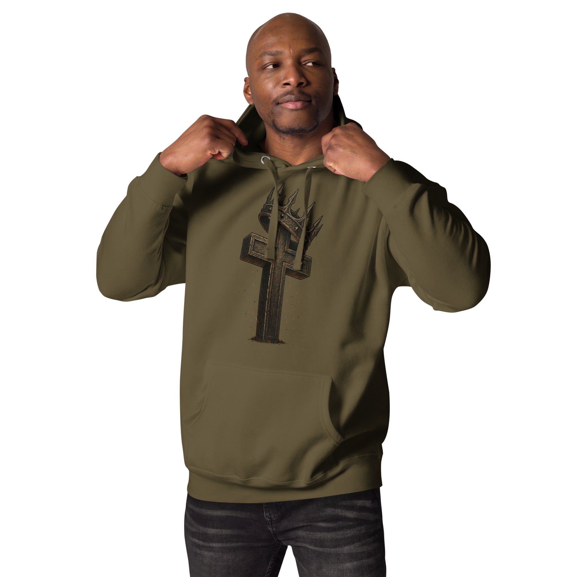 Military green Catholic hoodie with a rugged cross and crown of thorns design, symbolizing Christ’s sacrifice and victory over sin.