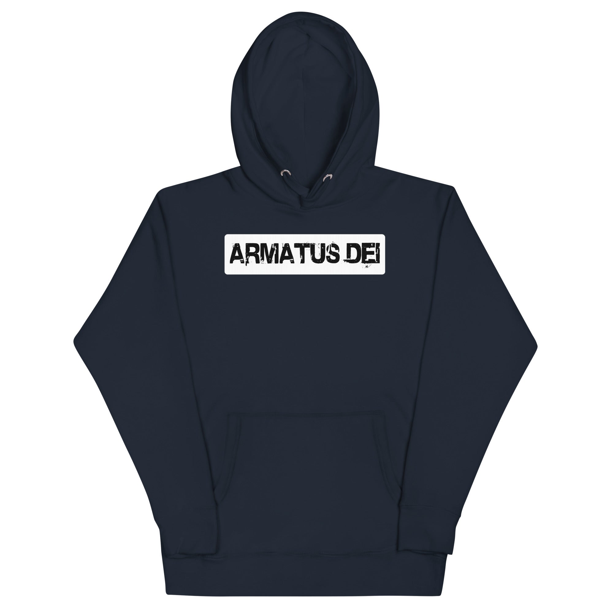 navy Armatus Dei Logo Hoodie with bold distressed white text