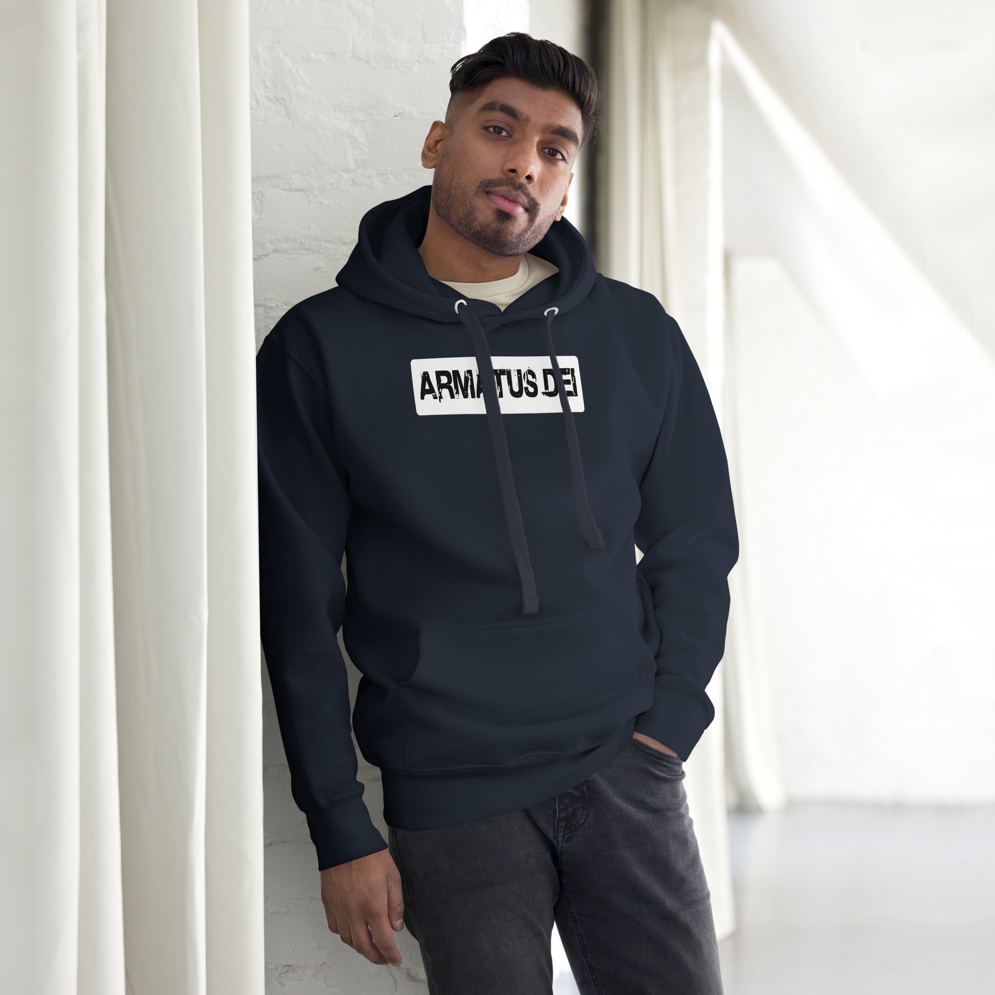 navy Armatus Dei Logo Hoodie with bold distressed white text