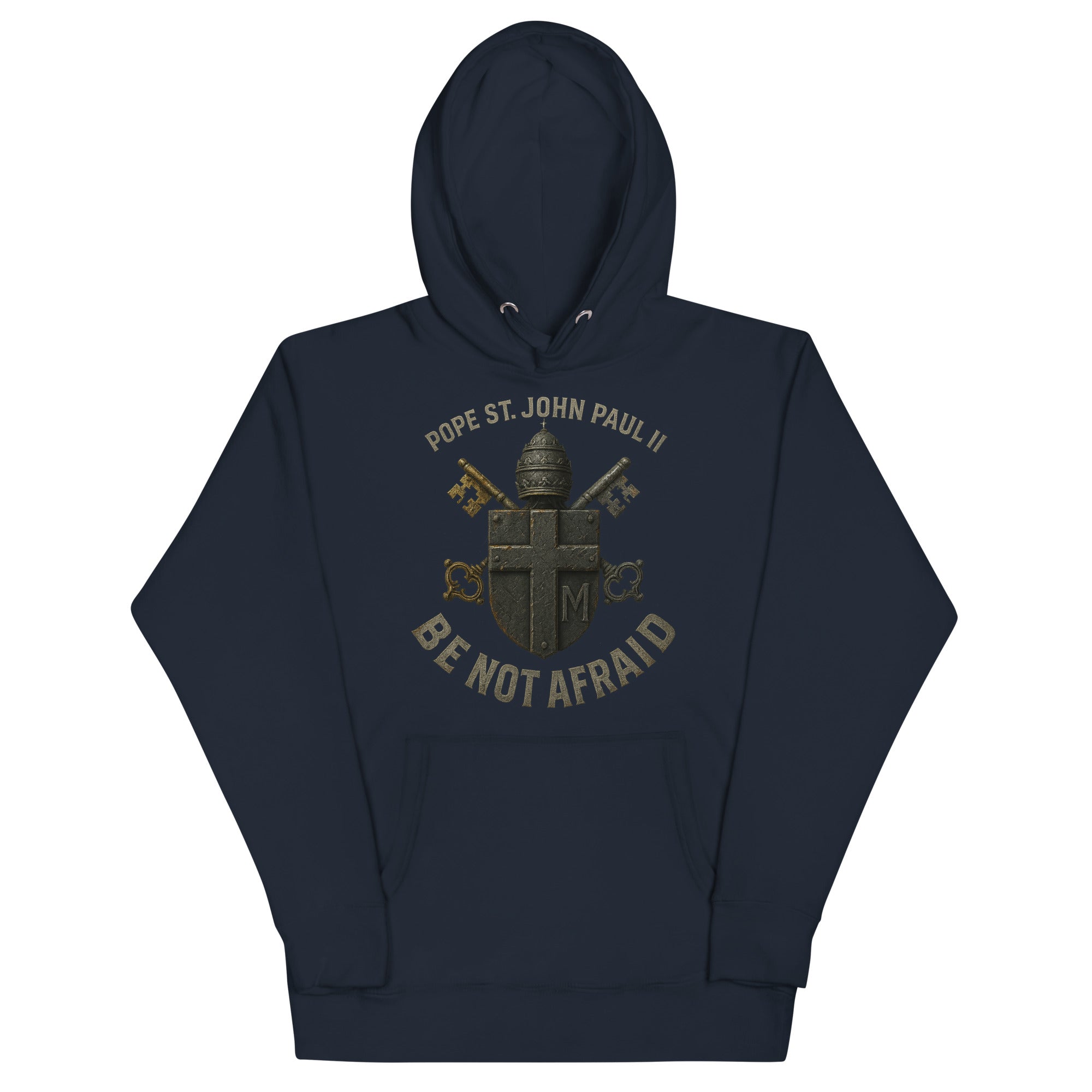 Navy hoodie with Pope St. John Paul II coat of arms and "Be Not Afraid" text by Armatus Dei.