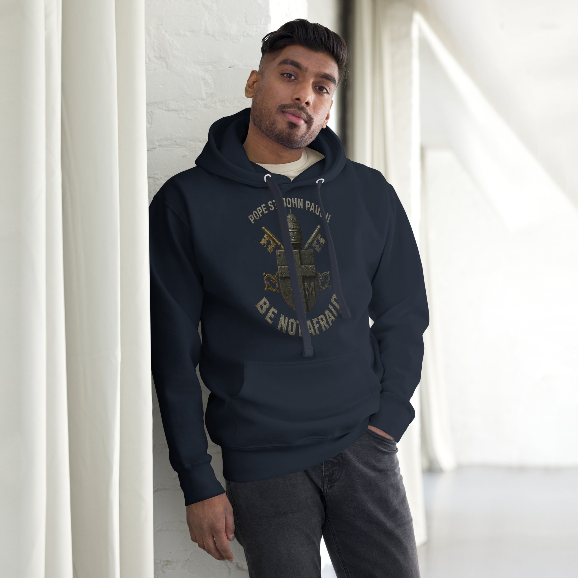 Navy hoodie with Pope St. John Paul II coat of arms and "Be Not Afraid" text by Armatus Dei.