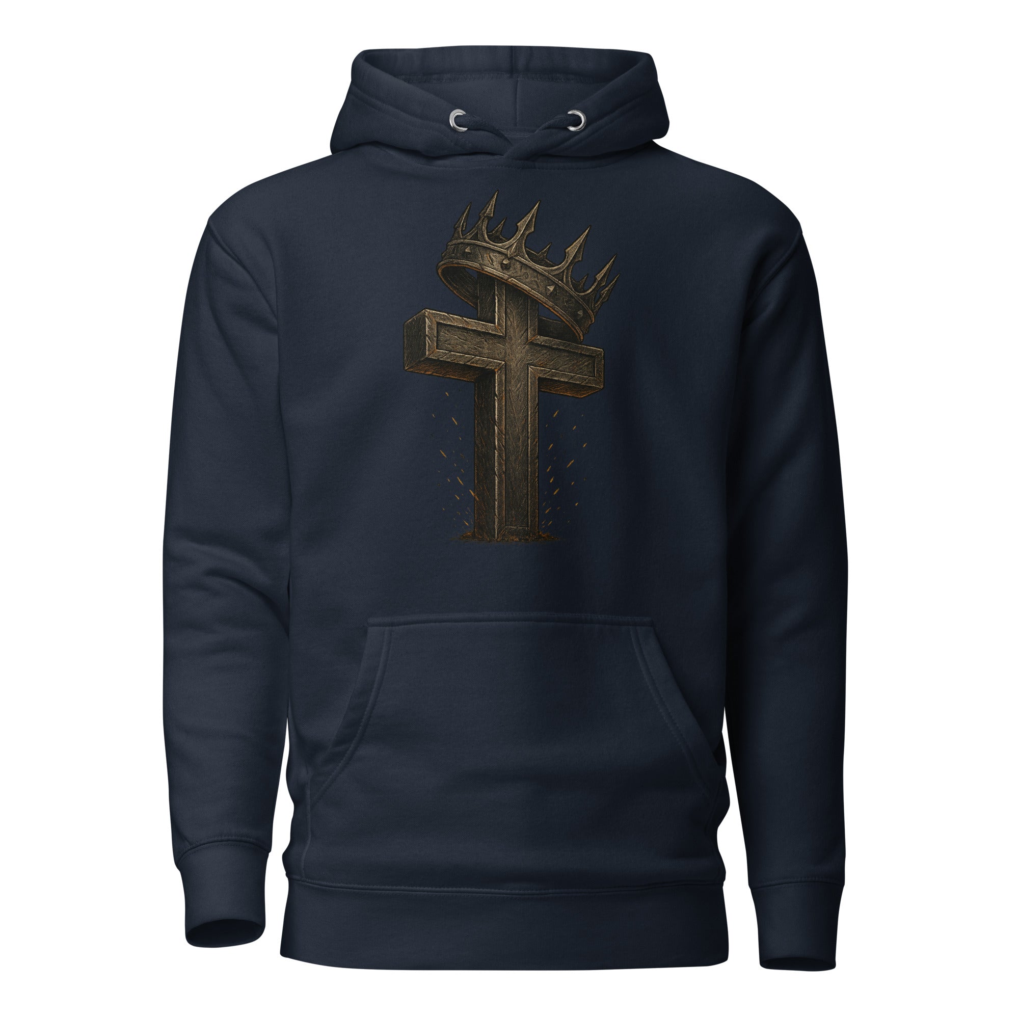 Navy Catholic hoodie with a rugged cross and crown of thorns design, symbolizing Christ’s sacrifice and victory over sin.