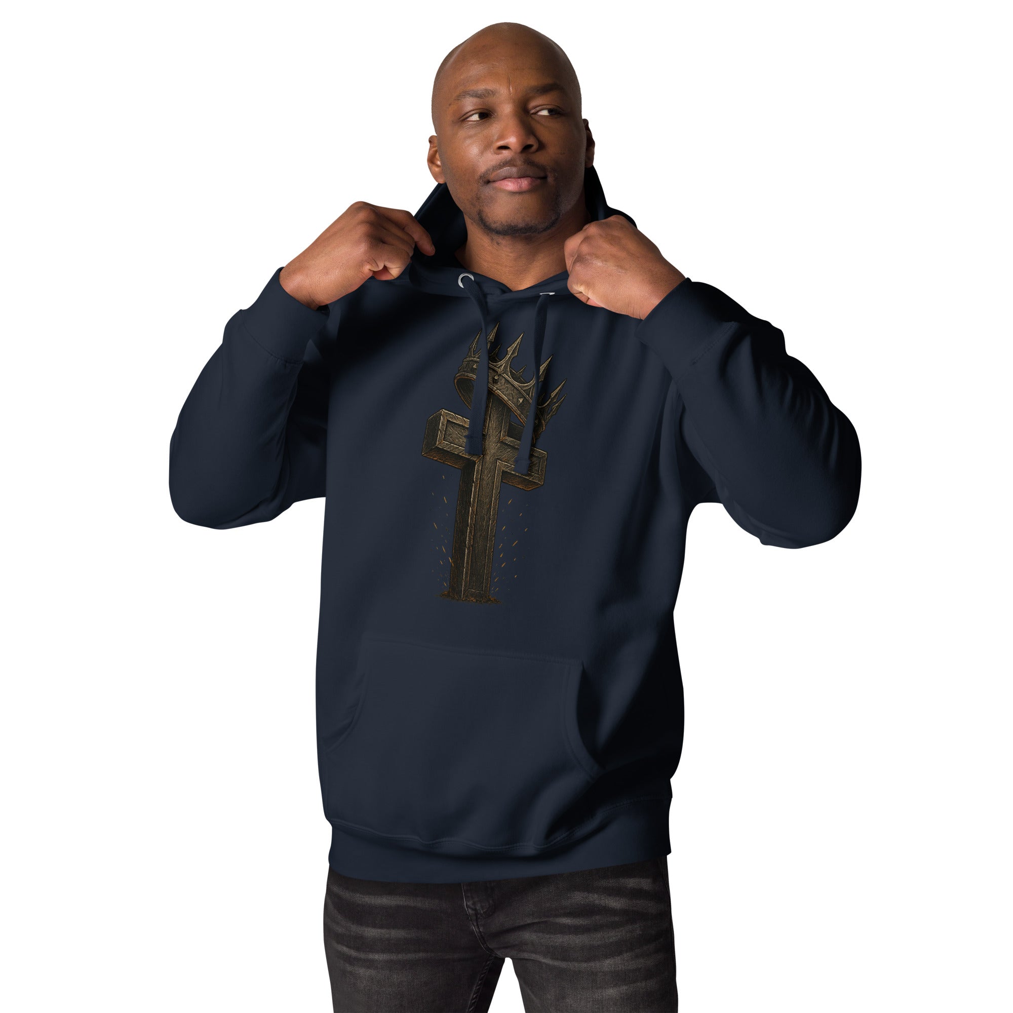 Navy Catholic hoodie with a rugged cross and crown of thorns design, symbolizing Christ’s sacrifice and victory over sin.