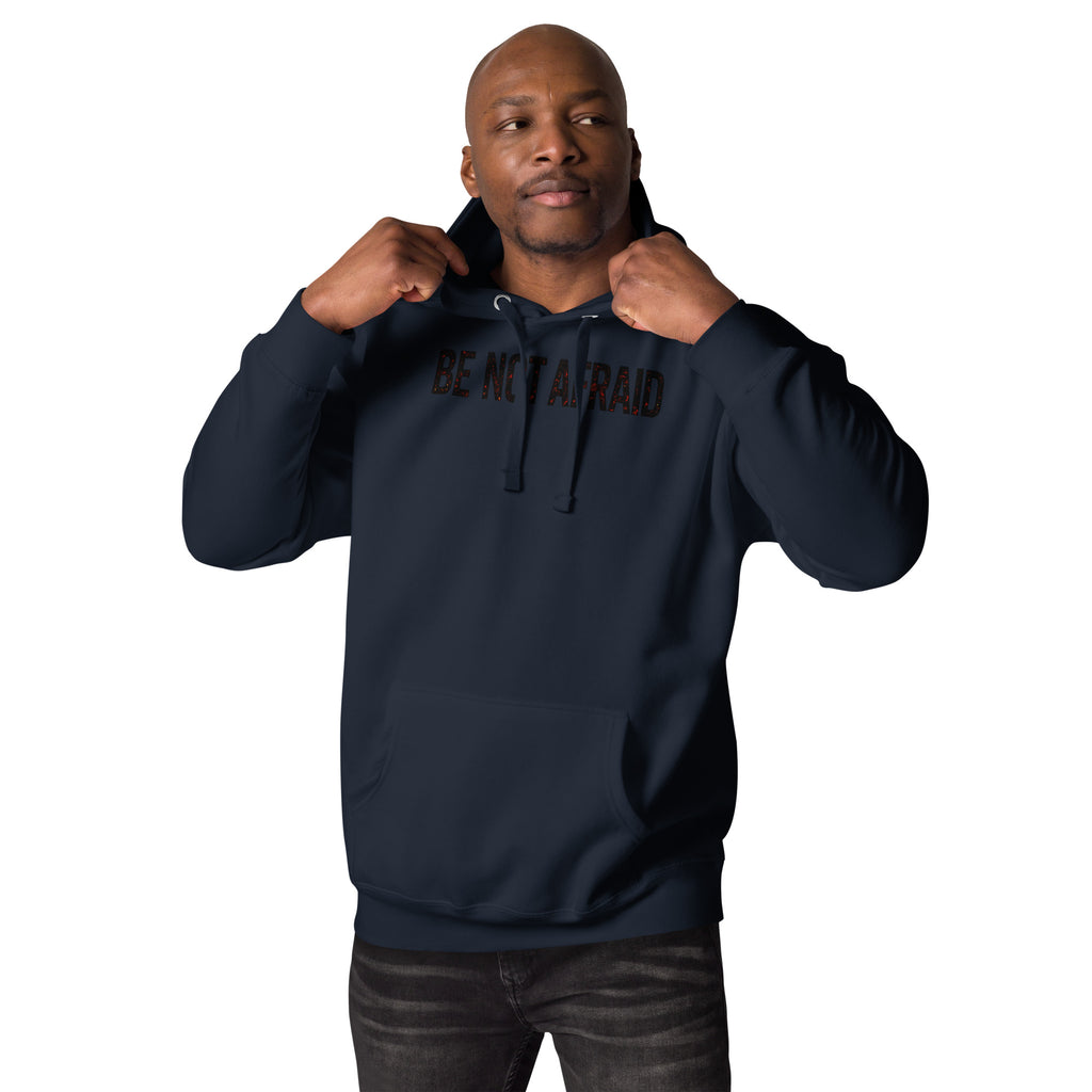 Front view of Be Not Afraid Hoodie in navy with bold Catholic typography