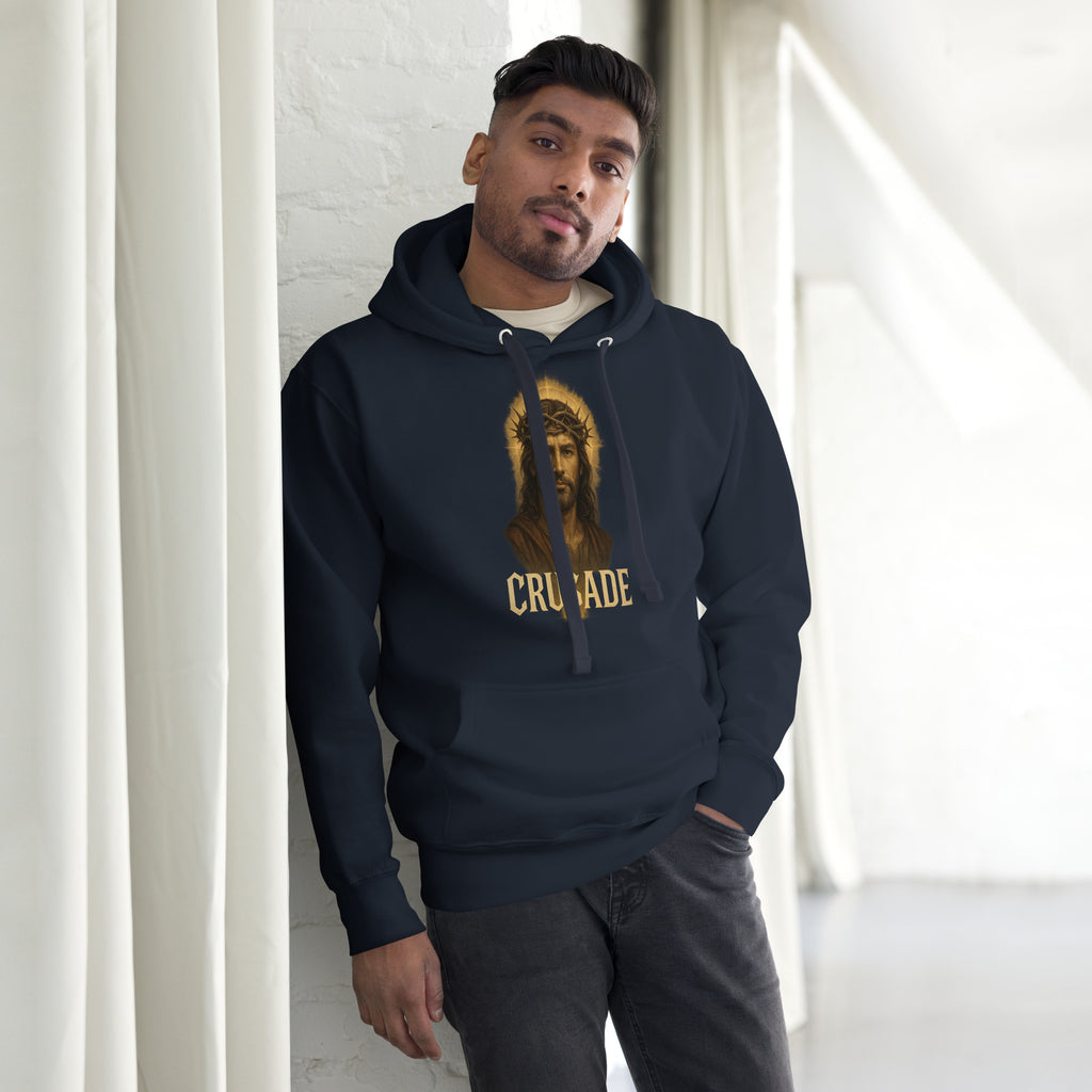 navy Crusade Hoodie featuring Jesus Christ crowned with thorns and the word Crusade in gold text, men’s premium Cotton Heritage hoodie.